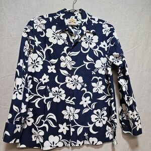 Navy and white floral button-up shirt. Vintage pineapple juice Brand.